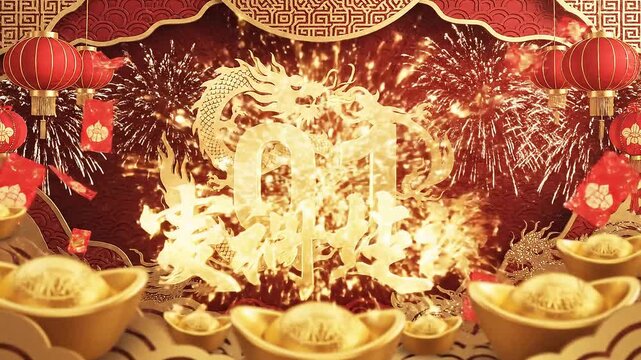 Vibrant digital illustration of a dragon dance performance with red lanterns, gold coins, and fireworks on a red background with golden accents, conveying a festive and celebratory mood.