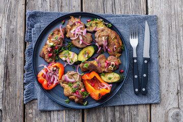 Grilled pork neck chunks with roasted veggies