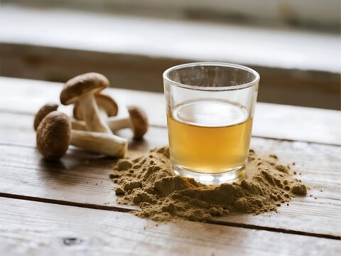 Golden adaptogenic mushroom elixir glows in a modern glass 