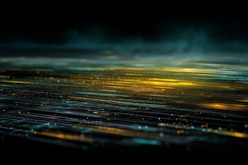 Dark Cinematic Horizon with Golden Dust Sand and Subtle Light Streaks