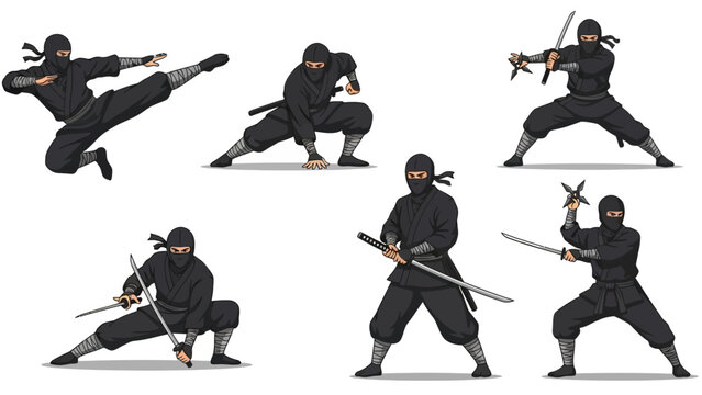 A ninja in various martial arts poses with swords and daggers