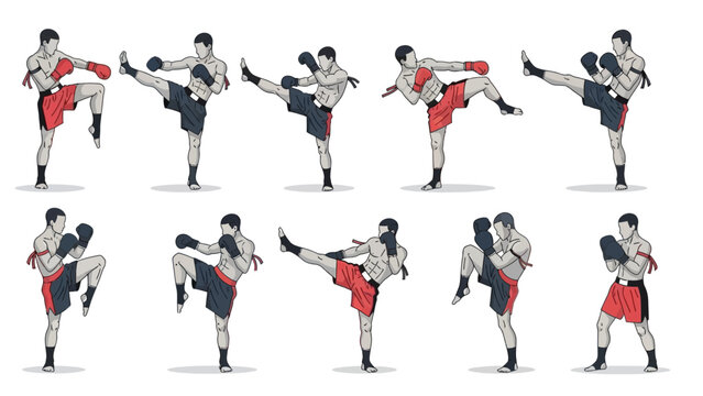 A martial artist demonstrating various kickboxing techniques in a sequence of poses