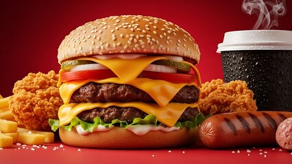 Assorted fast food items including burgers, fries, and chicken on a vibrant red background
