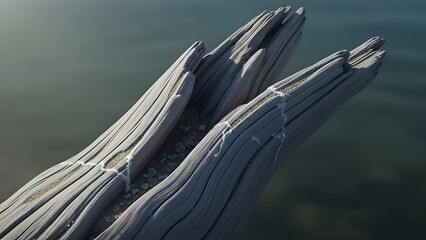 朽ちた流木が穏やかな水面に浮かぶ穏やかな日の光