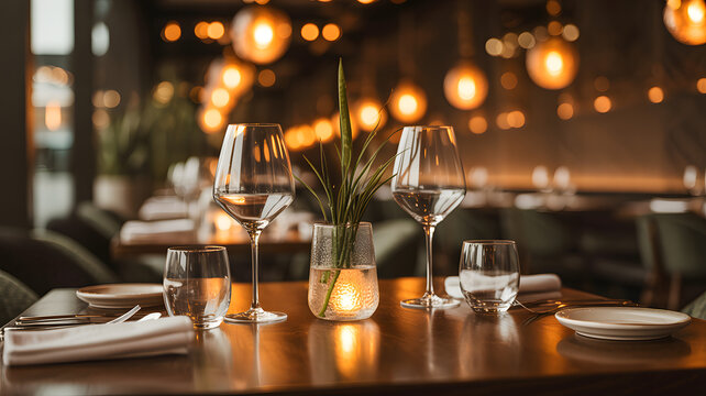 Close up of elegant table setting with water glasses and plant decor