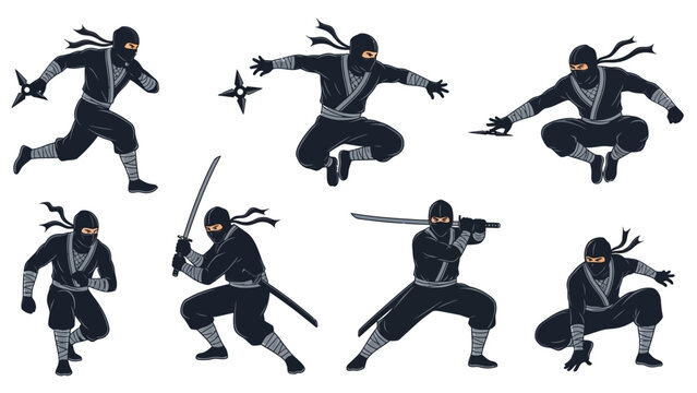 A group of ninjas in various poses with swords and shuriken
