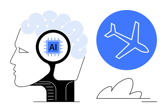 Artificial intelligence, aviation technology, digital innovation, futuristic design, automation, brain interface. AI chip within a human head silhouette next to an airplane symbol. Artificial