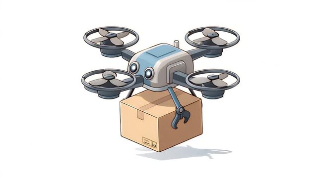 Smart Drone Carrying Parcel Box: Future Delivery Technology Cartoon Illustration on White.