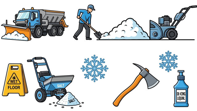 A collection of winter maintenance and snow removal equipment and tools