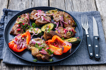 Grilled pork neck chunks with roasted veggies