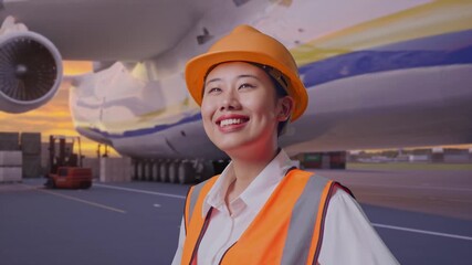 Close Up Side View Of Asian Female Engineer Wearing Safety Helmet Looking Around While Standing With Arms Akimbo at Airport with Massive Cargo Aircraft Loading Freight