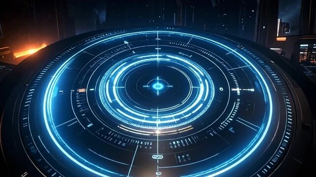 Futuristic digital interface with glowing blue circles and lines.