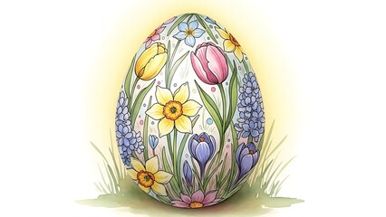 花のモチーフで飾られたイースターエッグが優しく輝くイラスト