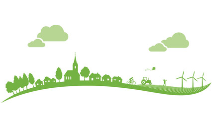 Green Village Landscape with Wind Turbines: Sustainable Living Illustration