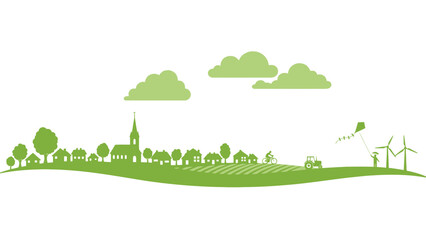Fototapeta premium Green landscape with village, wind turbines, clouds, child flying kite illustration