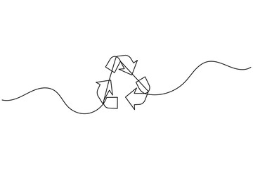 Obraz premium A continuous single line drawing of the universal recycling symbol on a plain white background.