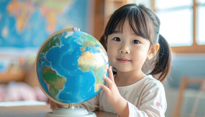 Adorable little girl exploring the world with a globe.