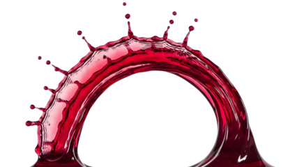 Dynamic splash of deep red liquid forming an arc on a transparent background
