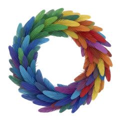 Obraz premium Colorful feather wreath creating a vibrant visual effect. Symbolizing creativity, art, and decorative design for any artistic project or celebration. Isolated on White background
