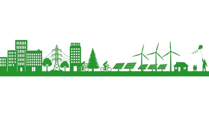 Naklejka premium Green city skyline with renewable energy sources depicting sustainable living future