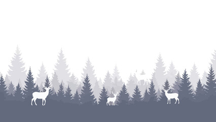 Obraz premium Serene winter forest landscape with deer silhouettes, creating a peaceful scene