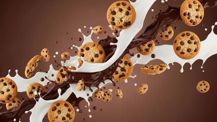 Delicious chocolate chip cookies colliding with creamy milk and dark chocolate swirl background