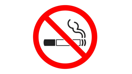 Simple graphic "no smoking allowed" prohibition sign on transparent background
