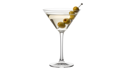 Classic dry martini cocktail garnished with three green olives on a transparent background