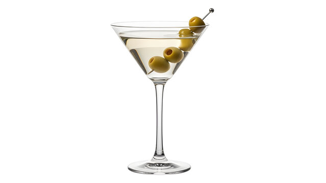 Classic dry martini cocktail garnished with three green olives on a transparent background
