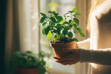 Elegant lady displays greenery, Female presenter exhibits lush houseplants at sunlit window, Caucasian female enthusiast displays thriving potted plant emphasizing ecofriendly living