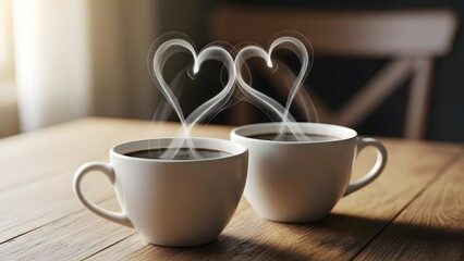 Two white ceramic mugs filled with dark coffee, featuring steam rising in the shape of hearts, set on a rustic wooden table with a cozy blurred background for a romantic morning concept.