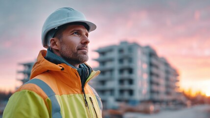 Fototapeta premium Construction worker looking towards the future with a building in the background at sunset