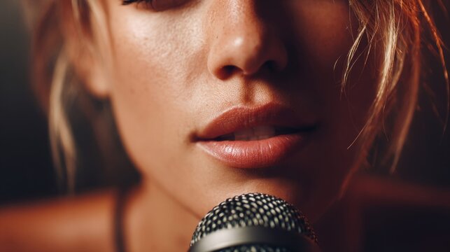 Close-up of a woman singing into a microphone with soft lighting