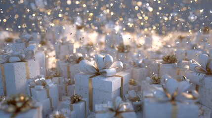 Elegant white gift boxes with gold ribbons arranged in minimalist flat lay, perfect for luxury branding, premium packaging and sophisticated holiday designs.