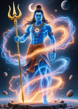 Cosmic Lord Shiva with Trident and Divine Energy in Celestial Space