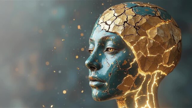 Mental health concept with broken face sculpture. Head repaired kintsugi style with gold showing beauty in imperfection. 
