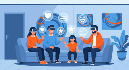 Immersive family experience: parents and daughter enjoying virtual reality together at home in