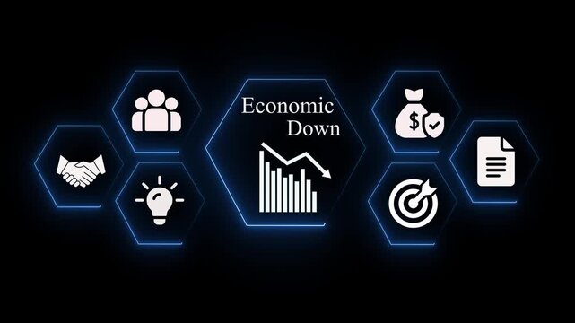 Futuristic economic downturn infographic with falling graph money bag calculator handshake lightbulb people target and document icons on dark black background