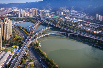 Aerial View of Urban Interchange Over River