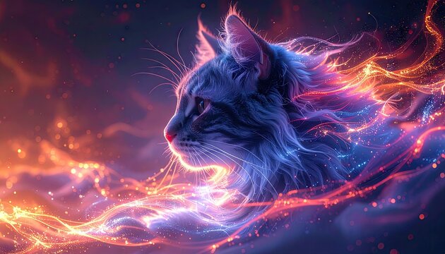 Fiery Cat Digital Art: Blue Maine Coon in Cosmic Flames