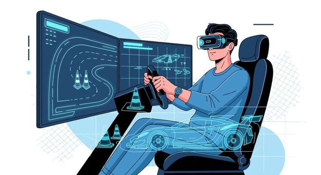 Immersive virtual reality experience of a man driving in a racing simulator system