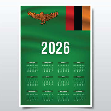 2026 Printable Calendar Design with ZAMBIA Flag Theme, Patriotic  ZAMBIA Yearly Planner Template