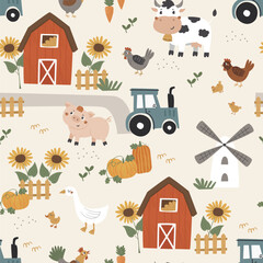 Seamless pattern with a farm animals. Hand-drawn vector outline with fun characters: a cow, pig, chickens, a tractor and a mill. Perfect for wallpaper, textiles, wrapping paper, greeting cards 