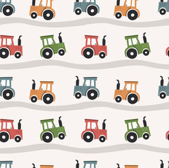 Vector seamless pattern with cute tractors and roads. Pattern for bedroom, wallpaper, kids and baby wear.