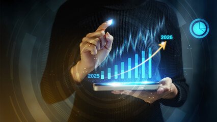 Business growth and financial forecast for 2026 on smartphone hologram