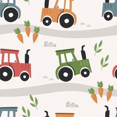 Vector seamless pattern with cute tractors and carrots. Pattern for bedroom, wallpaper, kids and baby wear.