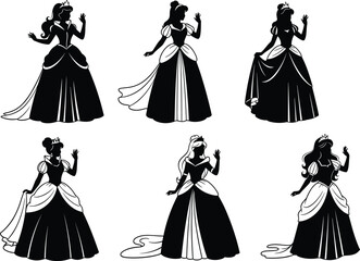 Princess silhouettes, elegant gowns, fairy tale figures, black vector art, tiara icon, graceful pose, fantasy theme, stylized royalty, magical dress, regal character © Saiful Islam