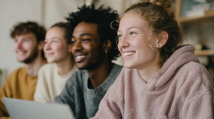 Obraz premium Group of four young people, two men and two women, sitting together and looking at a laptop screen. they are all smiling and appear to be engaged in a conversation.