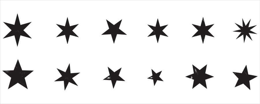 Collection of Black Star Shapes with Grunge Texture on White Background symbol icon
