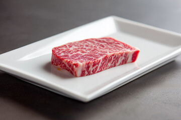 a piece of wagyu meat on a white plate, Generative AI